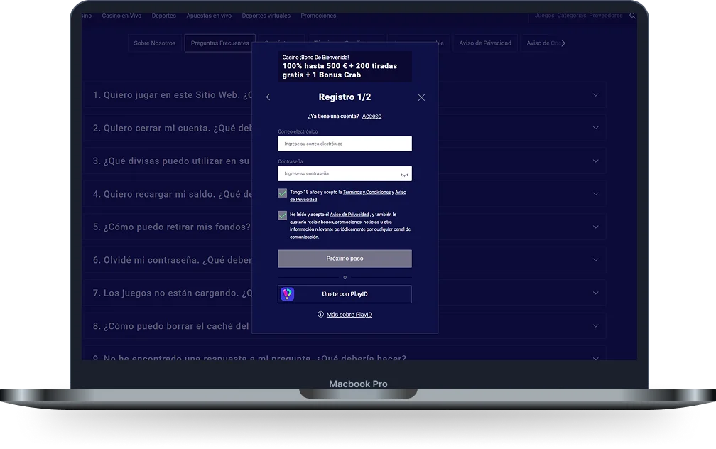 Frumzi Casino Registro y Bono de Bienvenida Frumzi Casino formulario de registro con bono de bienvenida y acceso mediante PlayID